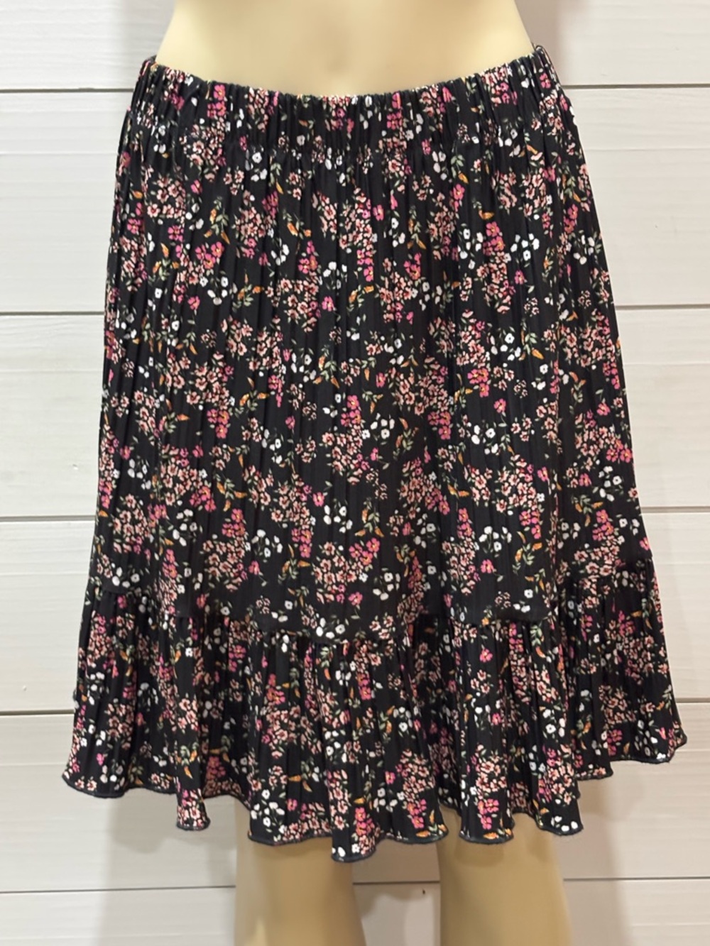 LOFT Black Mini Skirt with Pink Floral Pattern